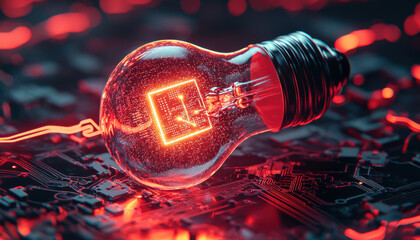 Poster - glowing light bulb with AI chip on circuit board