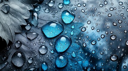 Fototapete - Raindrops on leaves captured in gray-blue tones nature photography close-up perspective tranquil environment