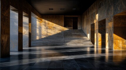 Leinwandbilder - Geometric shadows and light play on stairs modern architecture abstract design urban environment dramatic perspective