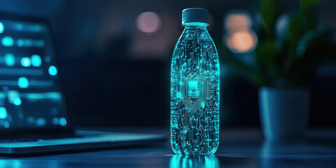 Poster - glowing water bottle with digital circuit patterns in tech setting
