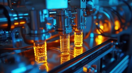 Poster - industrial machinery efficiently filling bottles with precision, showcasing advanced automation tech