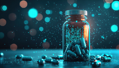 Poster - glowing jar of capsules surrounded by digital particles