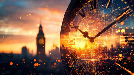 Poster - large clock face overlays cityscape at sunset, creating surreal scene