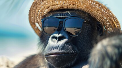 Canvas Print - A gorilla wearing sunglasses and a straw hat relaxes on a sunny beach, enjoying the serene ocean view