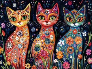 3 Colorful cats patterned with floral design