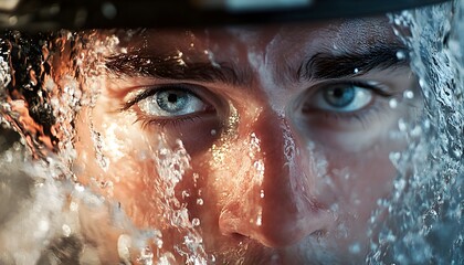 Poster - Intense Close-Up of Man's Face with Water Splashing Effect