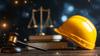 Wall Mural - yellow construction helmet and gavel on desk with law books, symbolizing intersection of construction and legal matters. scene is illuminated with soft glow, creating thoughtful atmosphere