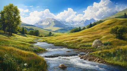 Canvas Print - Serene Mountain Stream: A Pastoral Landscape