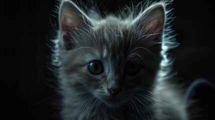 Wall Mural - Close-up of a fluffy kitten with striking green eyes illuminated against a dark background, showcasing its playful demeanor