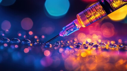 Poster - close up of a syringe needle surrounded by vibrant water droplets, set against a colorful bokeh back