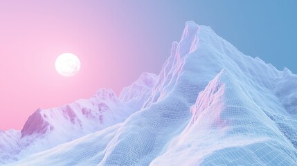 A pink tint, mountain look digitized with grid lines on a sunny day with blue skies.