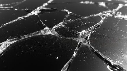 Broken glass surface isolated on black background.
