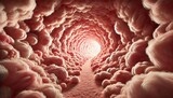 A tunnel of fluffy pink cotton candy softly lit with sugary textures creating a whimsical atmosphere.