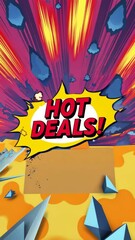 Poster - A poster with a cartoon explosion and the words HOT DEALS written in red. The poster is yellow and orange