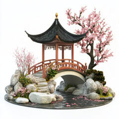 Wall Mural - serene garden scene featuring traditional Asian gazebo, stone bridge, and blooming cherry blossom trees. tranquil water reflects beauty of nature, creating peaceful atmosphere