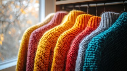 Poster - Row of colorful sweaters hanging on a rack showcasing a vibrant collection of old clothes