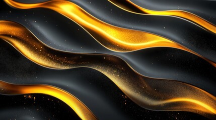 Poster - Abstract fluid waves with shimmering gold lines on a black background design pattern