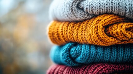 Poster - Stack of knitted woolen sweater sleeves in autumn colors piled together on a flat surface