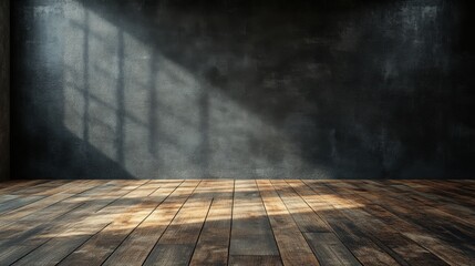 Poster - Wooden floor with black wall and soft light streaming through window creating moody atmosphere
