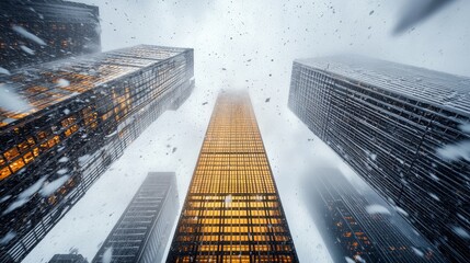 Canvas Print - A dramatic view of towering skyscrapers in a snowstorm, with one building illuminated, creating a striking contrast against the gray sky.