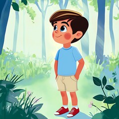 there is a cartoon boy standing in the woods with his hands on his hips