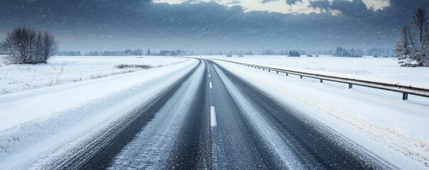 Wall Mural - A long, snow-covered road stretches into the distance under a cloudy sky, evoking a serene yet desolate winter landscape.