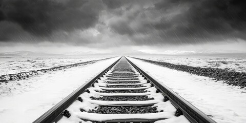 Wall Mural - A monochrome image of railroad tracks stretching into a snowy landscape under a dramatic, overcast sky.