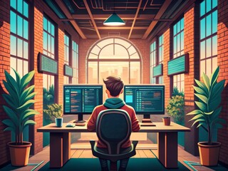 Poster - A young software developer working on a computer in a creative office environment with multiple monitors displaying code