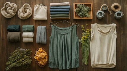Poster - Flat lay of various stylish womens clothing accessories arranged on hangers for fashion display