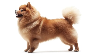 Pomeranian Portrait: A captivating portrait of a fluffy Pomeranian dog, its golden fur shimmering in the light. With a playful expression, the dog stands proud and poised.