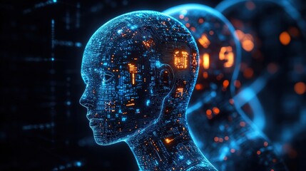 Poster - Futuristic head with glowing lights and circuit board design exhibiting advanced technology concepts