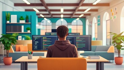 Poster - A young software developer working on a computer in a creative office environment with multiple monitors displaying code