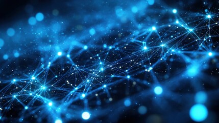 Poster - Futuristic circuit patterns with glowing lines and dots on a blue background in digital design