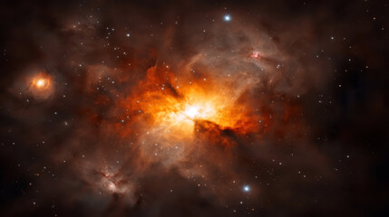 Poster - cosmic landscape featuring bright quasar surrounded by vibrant nebulae and stars, showcasing beauty and mystery of universe