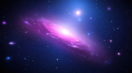 Poster - stunning panoramic view of distant galaxy featuring vibrant pink and blue hues, surrounded by twinkling stars and cosmic elements, evokes sense of wonder and exploration