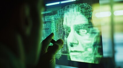 Poster - Person studies a digital representation of a human face on a screen, highlighting the intersection of technology and human identity in modern science and data analysis