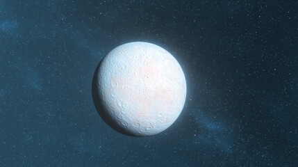 Poster - serene view of celestial body in space, surrounded by stars, showcasing its textured surface and soft colors. vastness of universe creates tranquil atmosphere