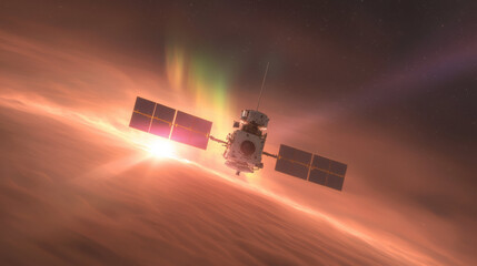 Poster - spacecraft flying through vibrant aurora in deep space, illuminated by colorful lights. scene captures beauty of cosmic phenomena and advanced technology