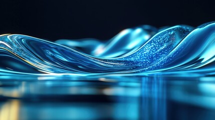 Poster - Close up of a blue wave with glassy liquid shapes reflecting neon lights abstract