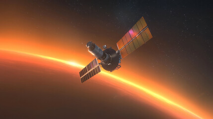 Aufkleber - spacecraft orbiting vibrant gas giant, showcasing solar panels and stunning sunset backdrop. scene captures beauty of space exploration and mysteries of universe