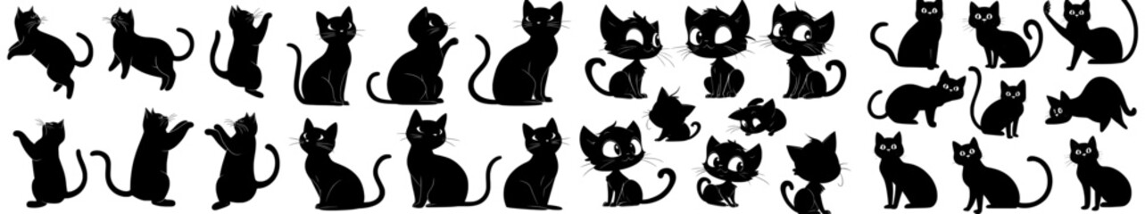 Poster - A set of black cats featuring a collection of funny cat silhouettes in various poses. Modern illustration isolated on a white background, drawn for children