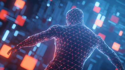 Fototapete - digital figure composed of glowing lines and shapes, surrounded by vibrant geometric patterns, evokes sense of futuristic technology and innovation