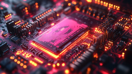 Poster - Circuit board with glowing components showcases intricate technology design