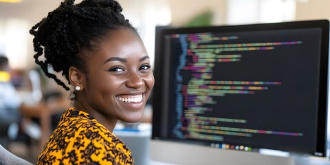 Smiling Black Female Software Developer Coding at Computer