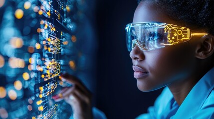 Woman in VR headset interacting with holographic data display