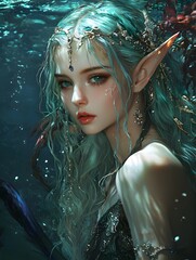 Poster - Elf in Anime style, set in a Underwater city, Regal mood, Dramatic lighting, hyper-detailed, vibrant colors