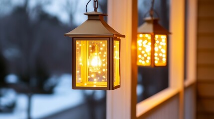 Wall Mural - Warm glow of lantern illuminating a cozy porch during twilight in a snowy landscape