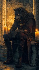 Poster - Werewolf in Anime style, set in a Candlelit crypt, Regal mood, Golden hour lighting, hyper-detailed, vibrant colors