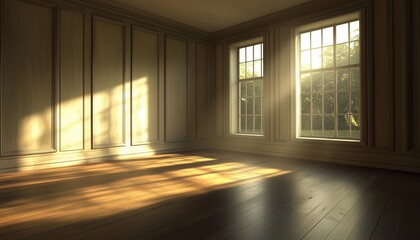 Poster - Digital Rendering Of An Empty Room With Natural Light Streaming In. Capture The Serene Beauty Of Minimalism In Architecture.