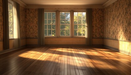 Poster - Digital Rendering Of An Empty Room With Natural Light Streaming In. Visual Representation Of An Unoccupied Space With Sunlight Illuminating The Room.